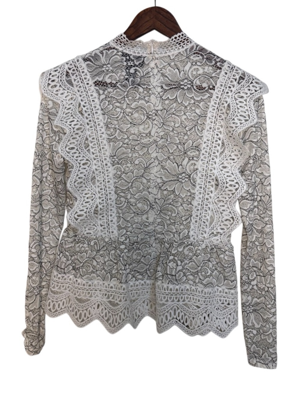 VICI Dolls Black and White Lace Zip Up Back High-Neck Long Sleeve Ruffled Blouse - Picture 2 of 6